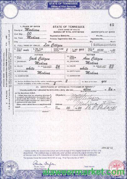 USA Tennessee state birth certificate template in PSD format